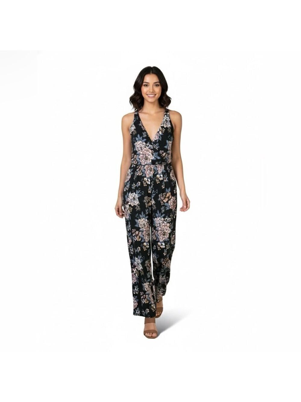 AMERICAN EAGLE OUTFITTERS Floral Jumpsuit Stretch Jersey Knit Wide Leg US Sz S